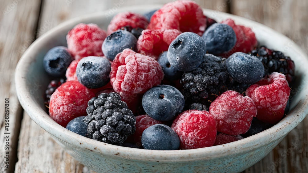 Bowl of Frosted Mixed Berries on Rustic Wooden Table Bowl of Frosted Mixed Berries on Rustic Wooden Table