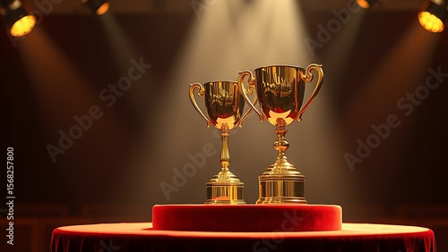 Shining gold trophy on velvet podium under dramatic spotlight at an award ceremony.