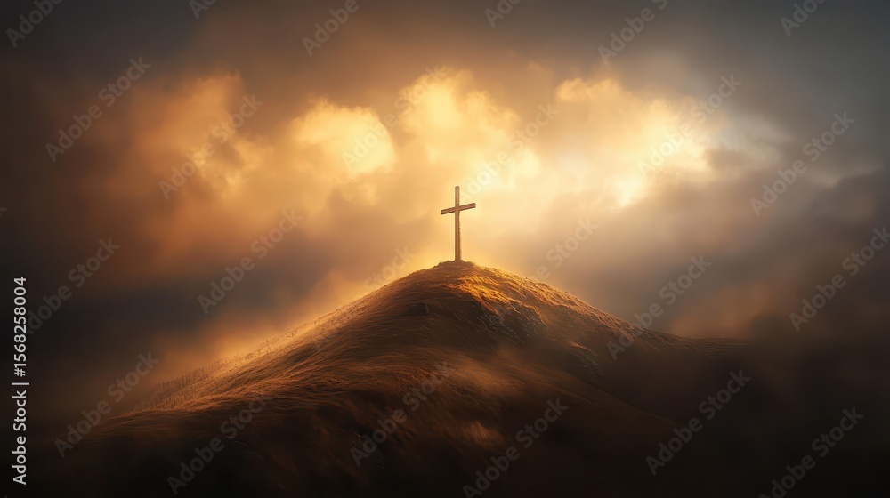 Obraz premium A wooden cross stands on a misty hilltop under dramatic skies. AI-generated.