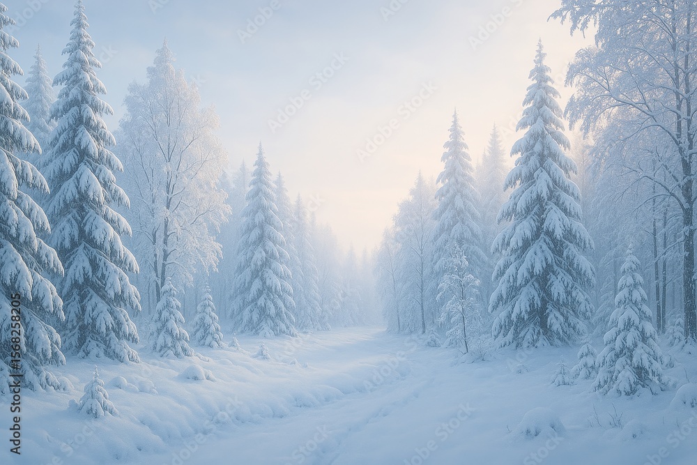 Fototapeta premium Peaceful winter forest landscape with snow-covered trees under soft morning light