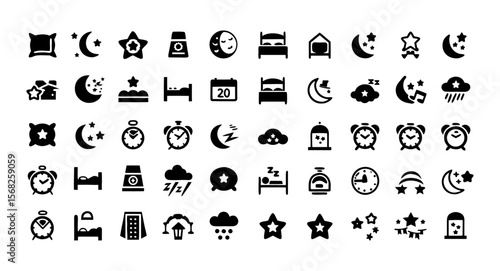 Sleep and Bedroom Icon Set – Vector Illustration of Sleeping, Dreaming, Bed, Pillow, Alarm Clock, Night, Rest, and Insomnia Symbols