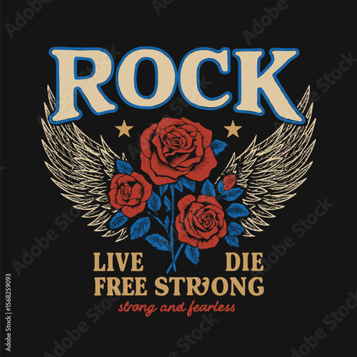 Wing with Rose Flower Rock Logo - Vintage Graphic Print for Fashion Apparel and Decor