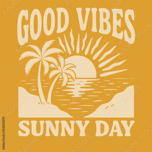 Good vibe long beach print, sunshine club graphic with surfboard, ocean wave palm tree artwork for summer apparel