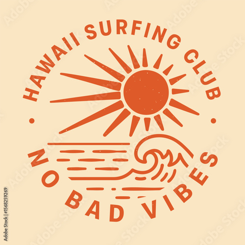 Hawaii surf club vintage print, good vibes wave artwork, no bad vibes ocean graphic for t-shirts and posters