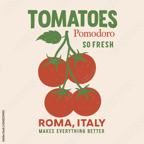 Red tomato vintage t-shirt design – ‘eat well live well’ organic farm artwork for posters