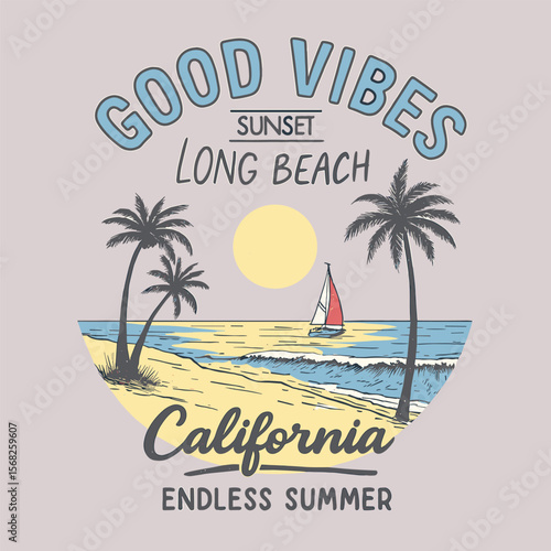 Endless summer good vibes graphic print – watercolor wave retro design for t-shirts and posters