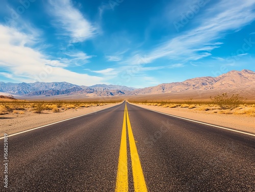 Open Road Crossing a Flat Desert with Mountains Under a Blue Sky