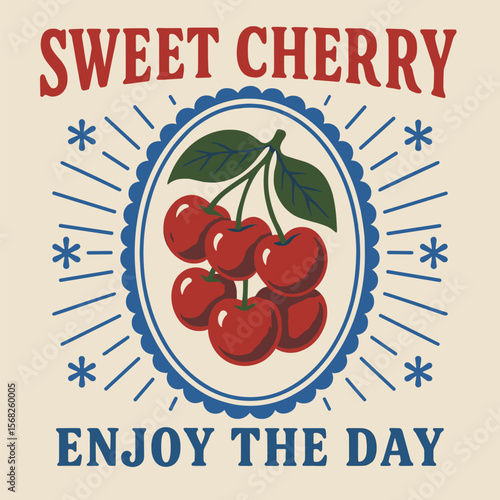 Sweet Cherry Platter Vintage Print - Organic Fruit Artwork for T-Shirts - Nature Fruit Club Design with 'Start Fresh Day' Slogan