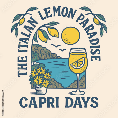 Capri Italian summer travel illustration - retro lemon & beach vintage design for holiday t-shirts