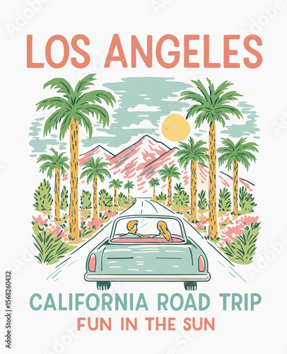 Los Angeles city watercolor painting - California palm tree road trip summer beach artwork