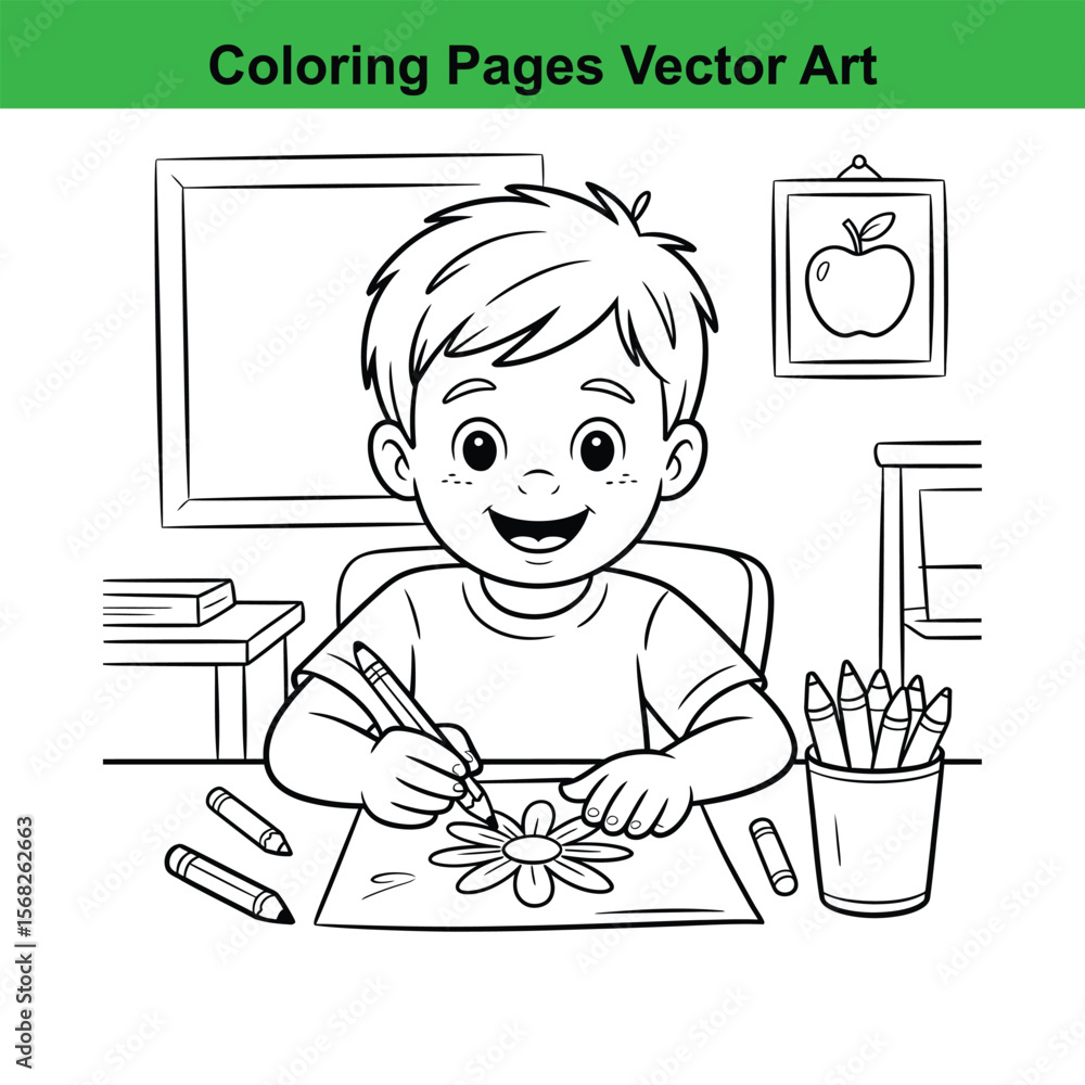 Happy boy drawing and coloring a flower with crayons at a desk Happy boy drawing and coloring a flower with crayons at a desk