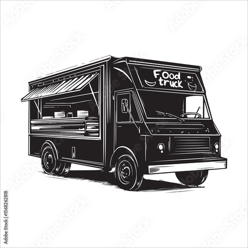 Hand Drawn Sketch Of A Vintage Food Truck With A Canopy 