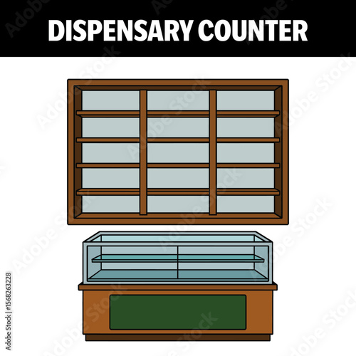 Dispensary Counter Vector Illustration with Display Case and Shelving