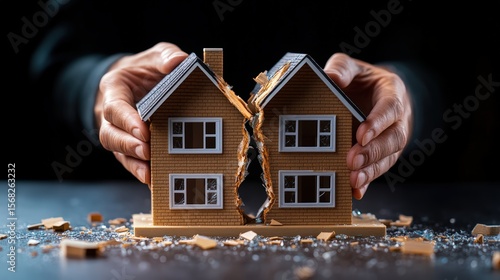 Man Breaking Small Model House in Half with Hands Symbolizing Divorce or Family Disruption or Property Damage