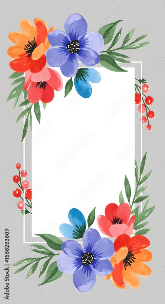 Obraz premium Vibrant Watercolor Floral Frame with Colorful Flowers, Leaves, and Berries - Hand-painted Botanical Border for Invitations, Cards, and Design Projects