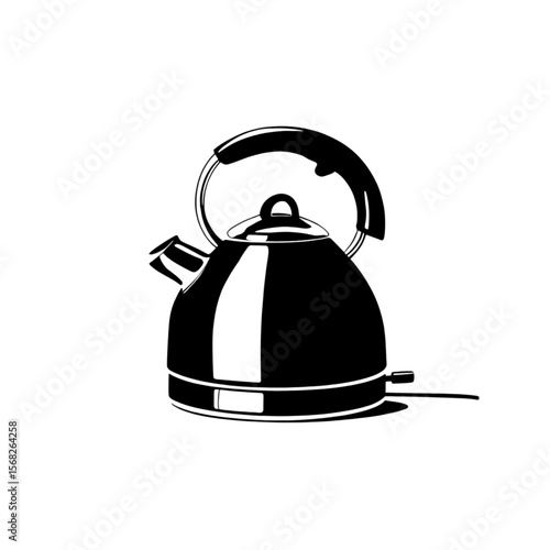 Vector illustration of a modern electric kettle in black and white style, with rounded shape, cord and ergonomic handle, isolated on white background.