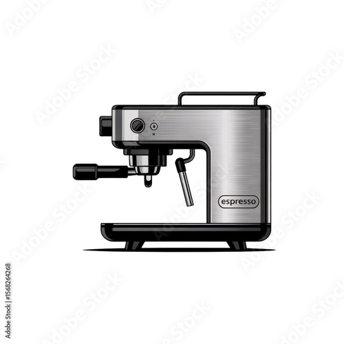 Vector illustration of a professional espresso coffee machine with grinder, portafilter and steam wand, minimal design, isolated on white background.