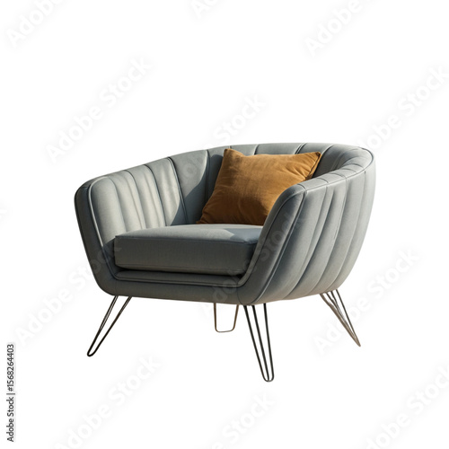 Vector illustration of a modern armchair with metal legs, soft upholstery and accent pillow, stylish design on white background.