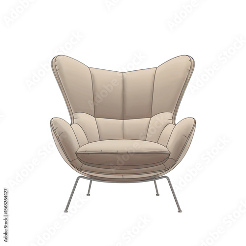 Vector illustration of a modern rounded armchair with soft upholstery and black wooden legs, minimalistic design on white background.