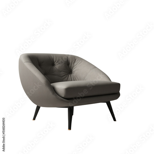 Vector illustration of a modern rounded armchair with soft upholstery and black wooden legs, minimalistic design on white background.