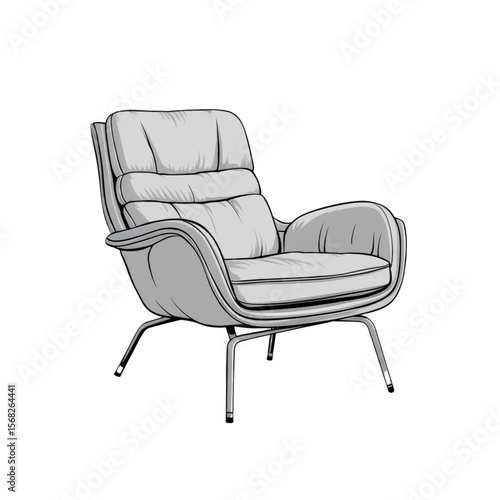 Vector illustration of a modern rounded armchair with soft upholstery and black wooden legs, minimalistic design on white background.