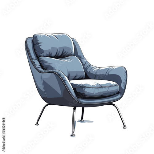 Vector illustration of a modern rounded armchair with soft upholstery and black wooden legs, minimalistic design on white background.