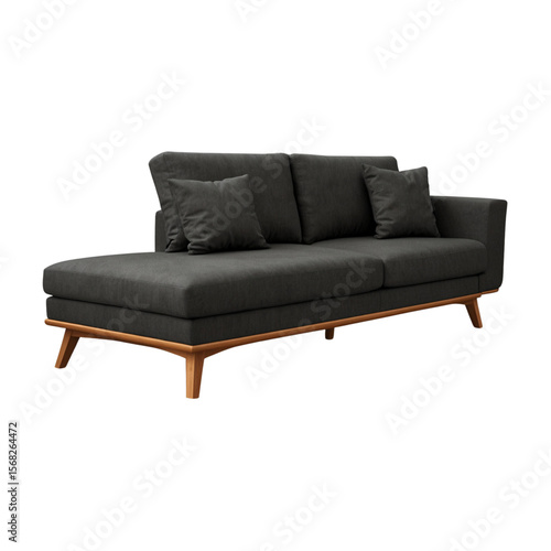 Vector illustration of a modern dark fabric sectional sofa with wooden legs and cushions, Scandinavian design, isolated on white background.