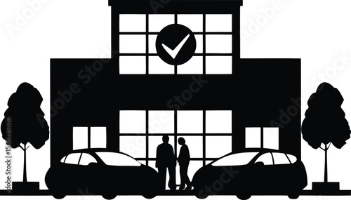 Car Dealership Building Silhouette with People and Cars 