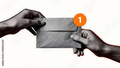 Stylized grayscale hands exchanging a single confidential gray envelope.