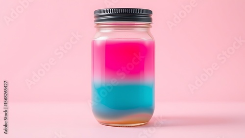 Layered Pink, Blue, and Orange Liquid in Glass Jar on Pink Background