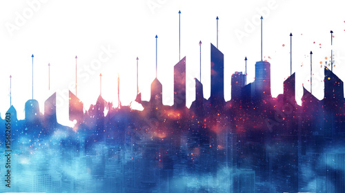 Futuristic digital city skyline with glowing tech towers. Abstract metropolis silhouette blending watercolor and cyberpunk light effects for innovation themes. Transparent PNG.