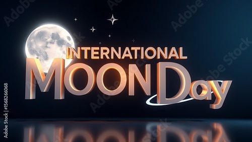 International Moon Day: Glowing 3D Text with Full Moon and Stars