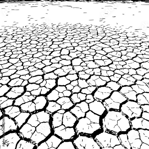 Dried Earth's Mosaic: A striking illustration of a cracked earth, symbolizing drought and environmental fragility. The stark black and white contrasts highlight the severity of the situation.