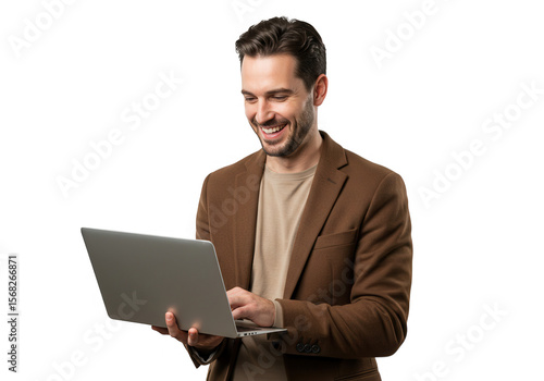 Smiling man using laptop isolated on transparent background