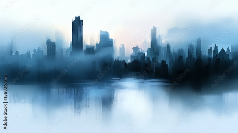 Fototapeta premium City skyline is reflected in a body of water. The sky is overcast and the city appears to be in the distance