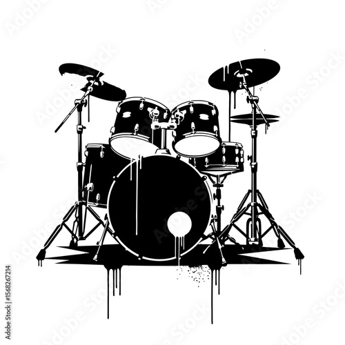 Black and white graphic illustration of a drum set with drips
