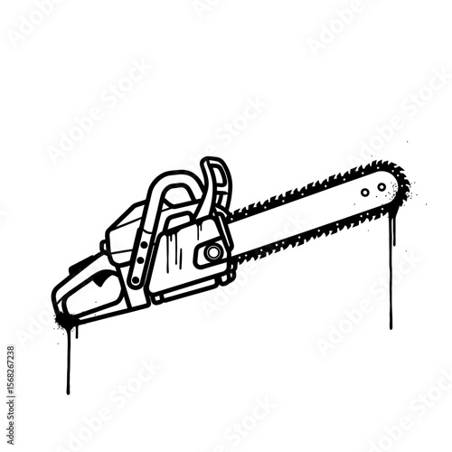 Isolated black and white illustration of a dripping chainsaw tool