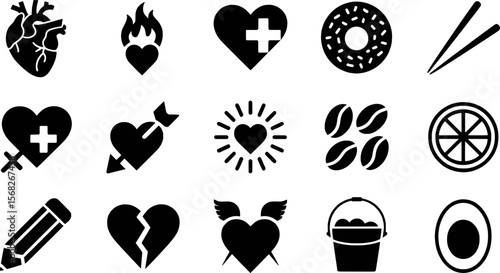 Black and white graphic symbols representing hearts food and medical elements flame cross