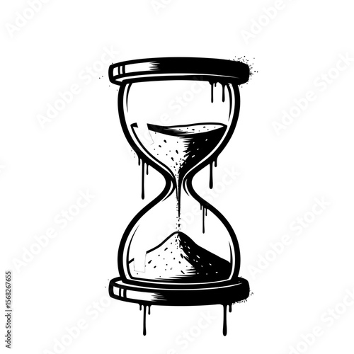 Black and white illustration of an hourglass with dripping paint