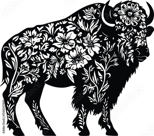 Floral Bison Vector: Elegant Black Silhouette, Intricate Design