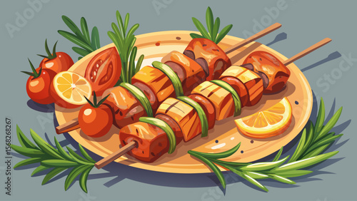 Barbecue Turkey Skewers, golden and lean, rest beside herbs and roasted tomato halves, grilled with light charring and balanced seasoning.