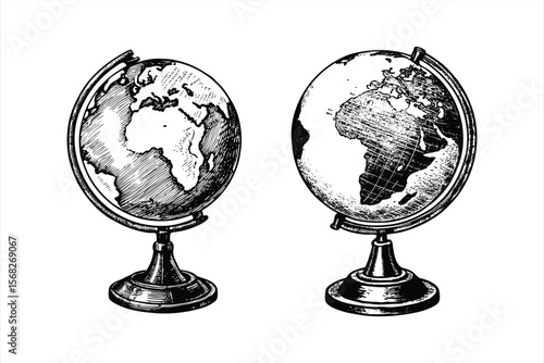 Vintage globe illustrations isolated on white background depict world geography in a retro drawing style