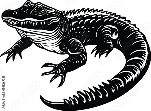 Vector illustration: fierce alligator, detailed, black ink, reptile design