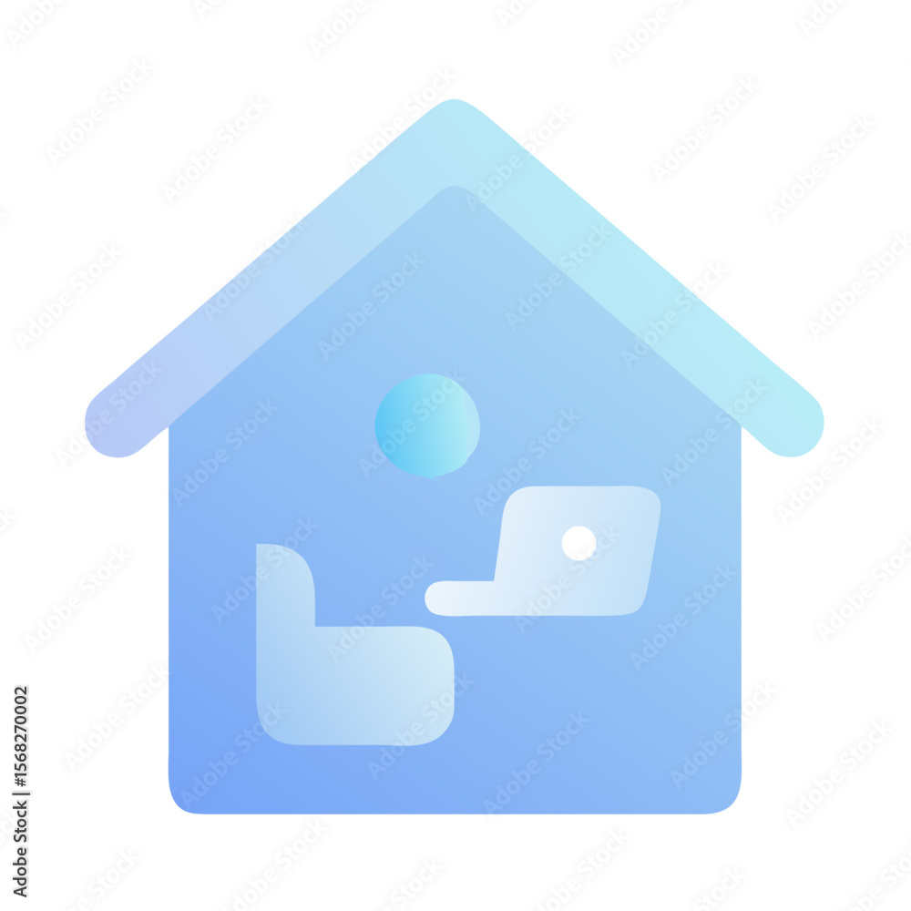Vector art of a house icon with a home office setup including a desk, chair, and laptop, isolated on a white background Vector art of a house icon with a home office setup including a desk, chair, and laptop, isolated on a white background