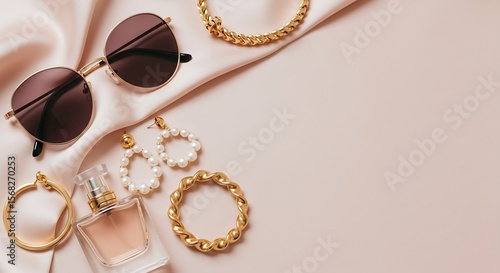 Luxury fashion accessories flat lay sunglasses pearl earrings perfume gold bracelet satin background generative ai

