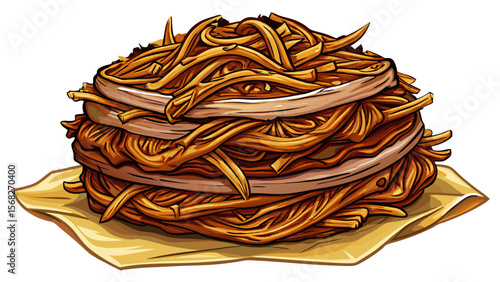 Sweet BBQ Pulled Pork, arranged in rustic strands, slightly crispy on edges, rests in a pile, moisture and texture visible on white parchment.