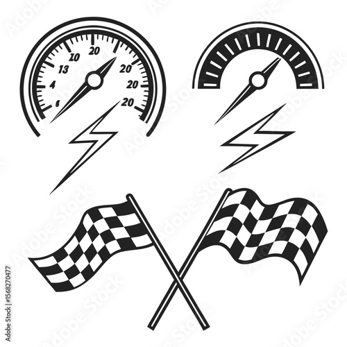 Collection of black and white racing themed icons and graphics