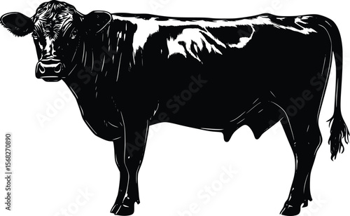 Vector illustration: Strong black cow silhouette, farm animal graphic, rustic style.