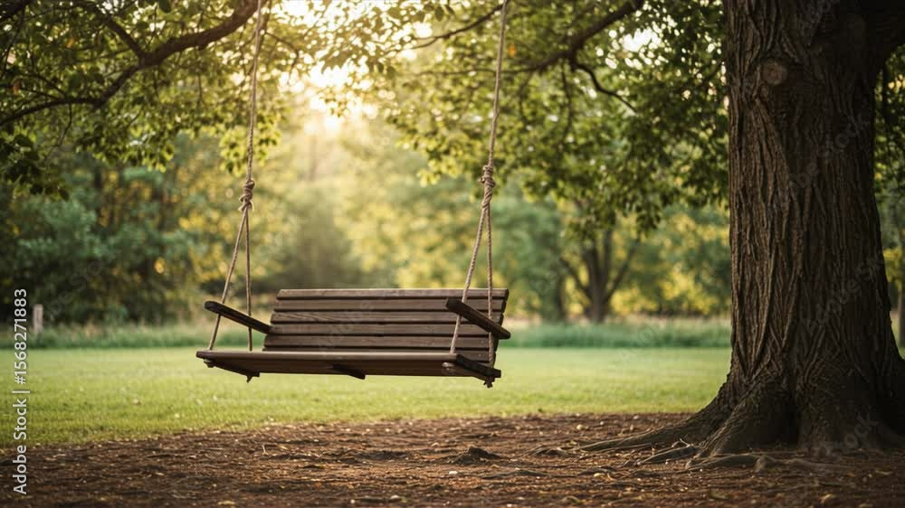 An empty wooden bench swing hangs peacefully from a large tree branch in a sun-drenched park, embodying serene solitude and childhood nostalgia during golden hour. An empty wooden bench swing hangs peacefully from a large tree branch in a sun-drenched park, embodying serene solitude and childhood nostalgia during golden hour.