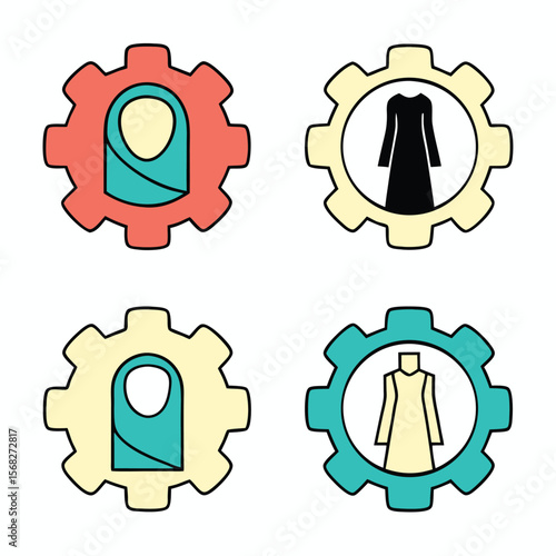 Four gear icons with Islamic clothing abaya niqab